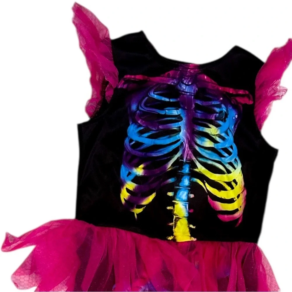 Vintage Halloween Costume Black Vibrant Colored Skeleton Jumpsuit Romper Girls